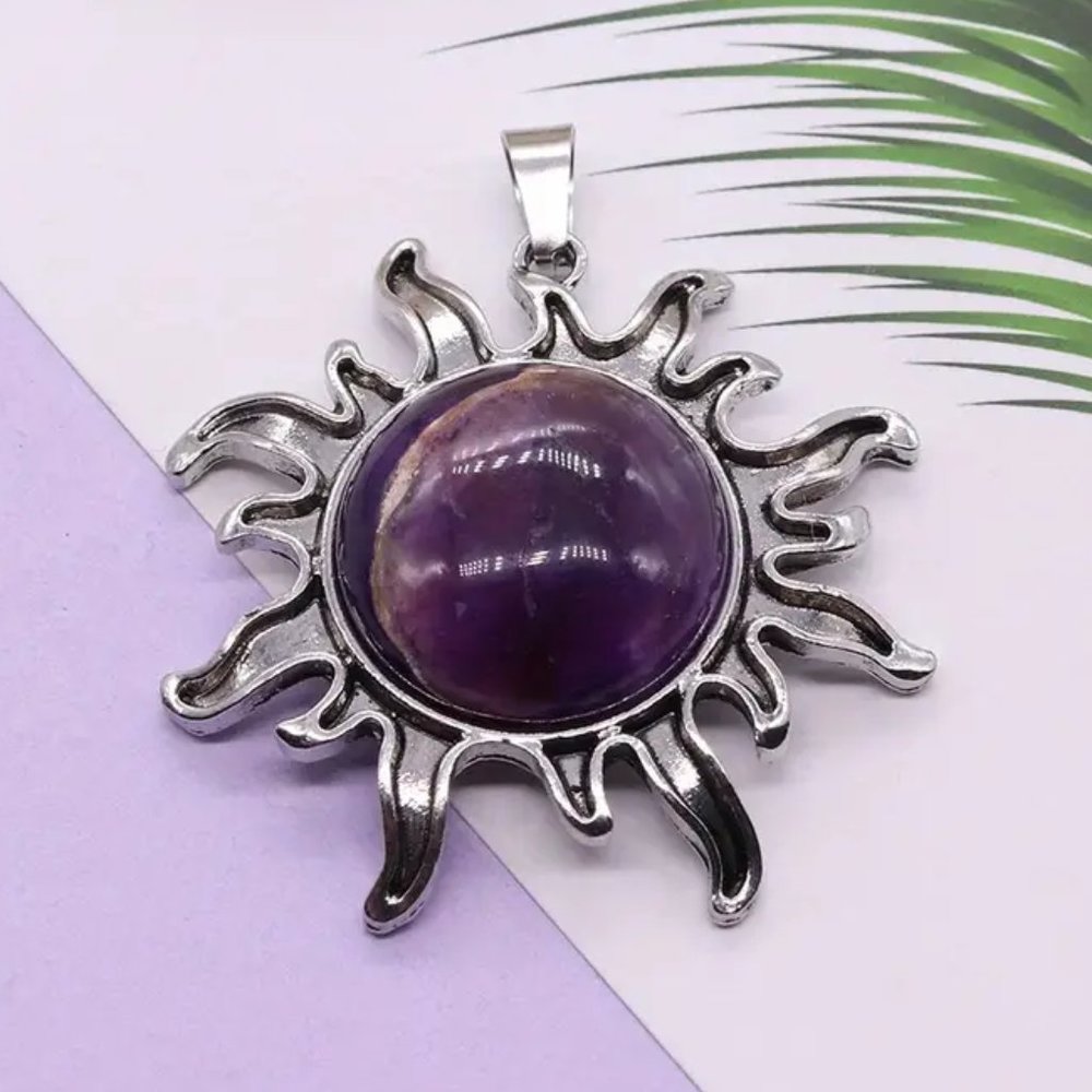 Amethyst Natural Stone Sun Shaped Pendant Necklace Healing Gemstone Pendant